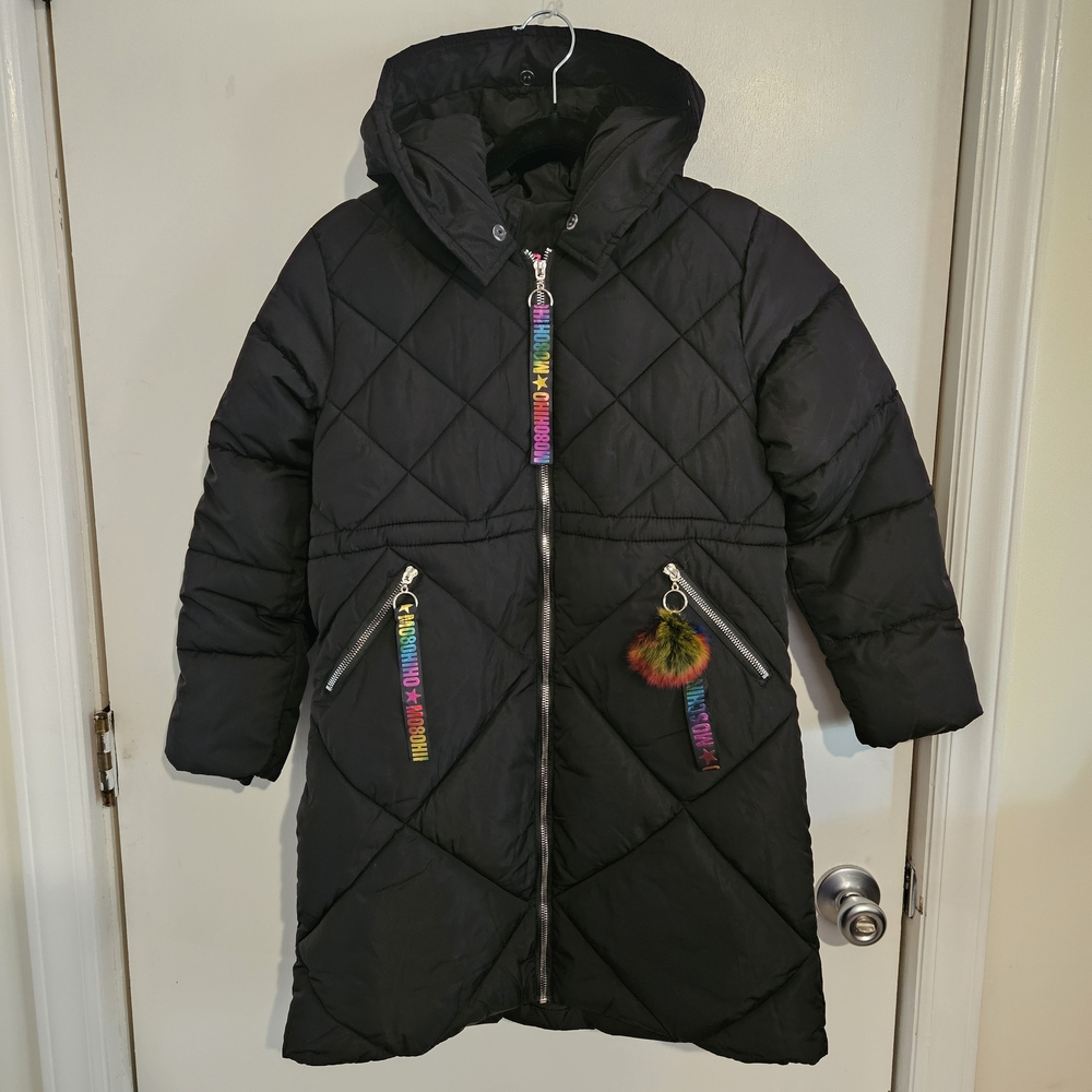 Girls Black Quilted Hooded Coat Size 12 Rainbow Zipper Accents Puffer Jacket